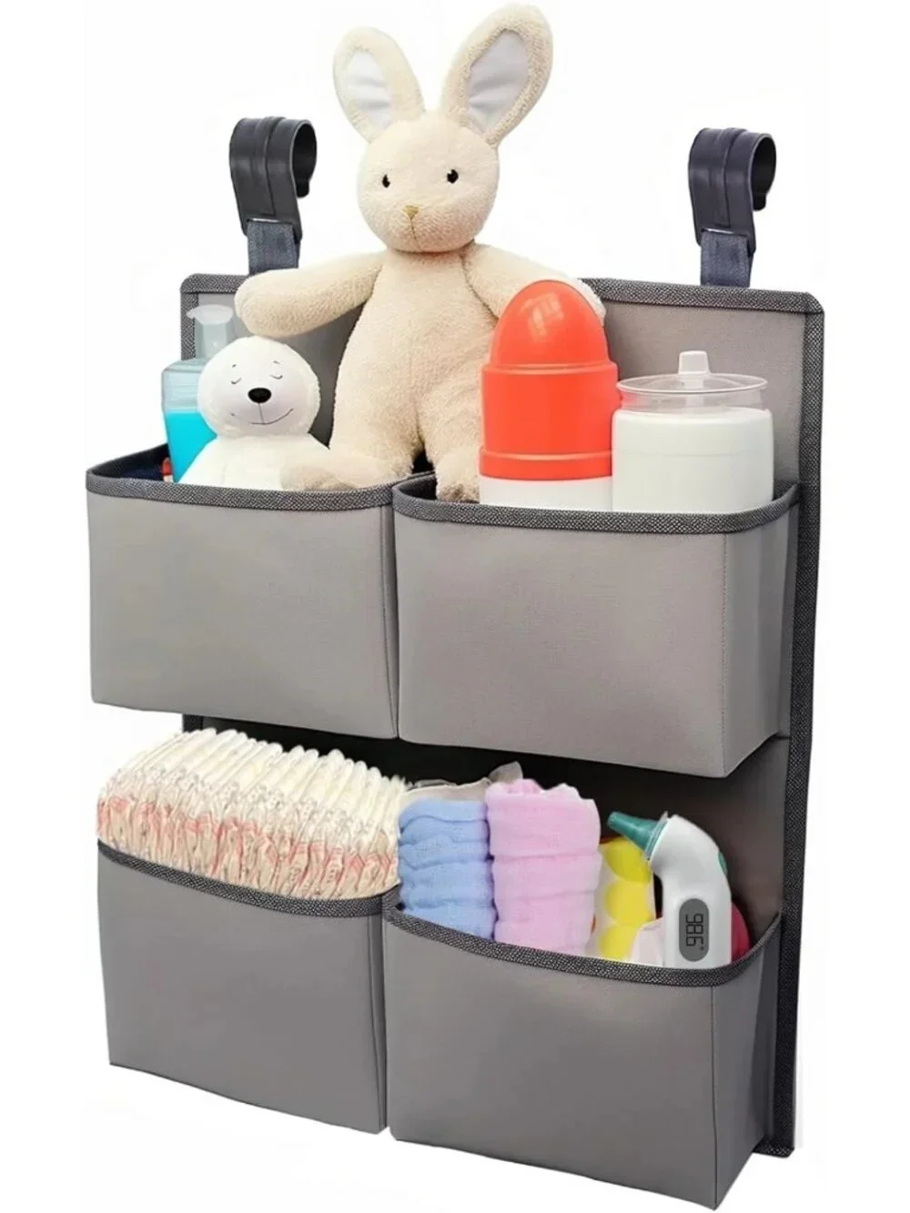 Hanging Diaper Organizer for Nursery - Holds 80+ Diapers, 4 Deep Pockets, Gray